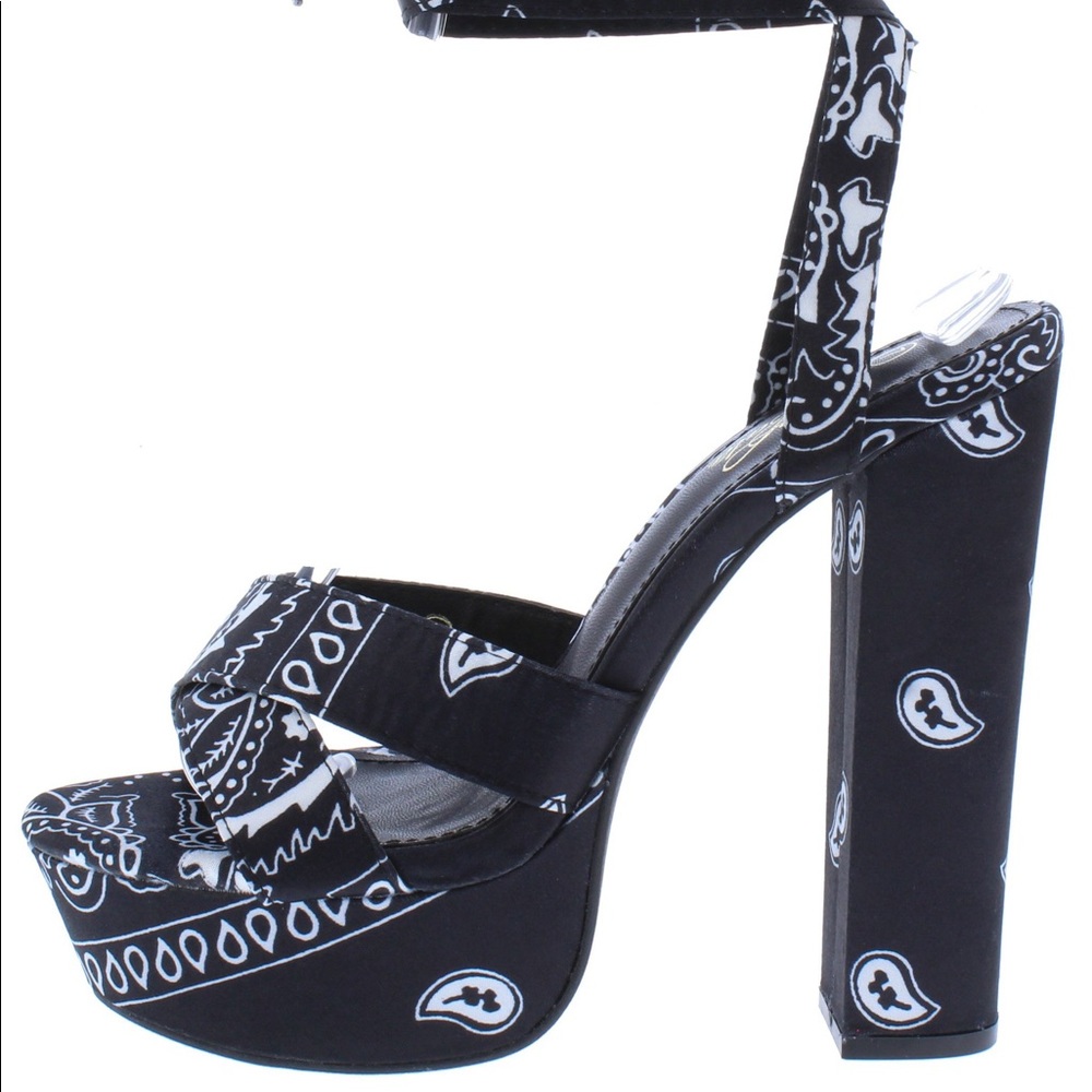 Black Bandana Fabric Platform Block Heel